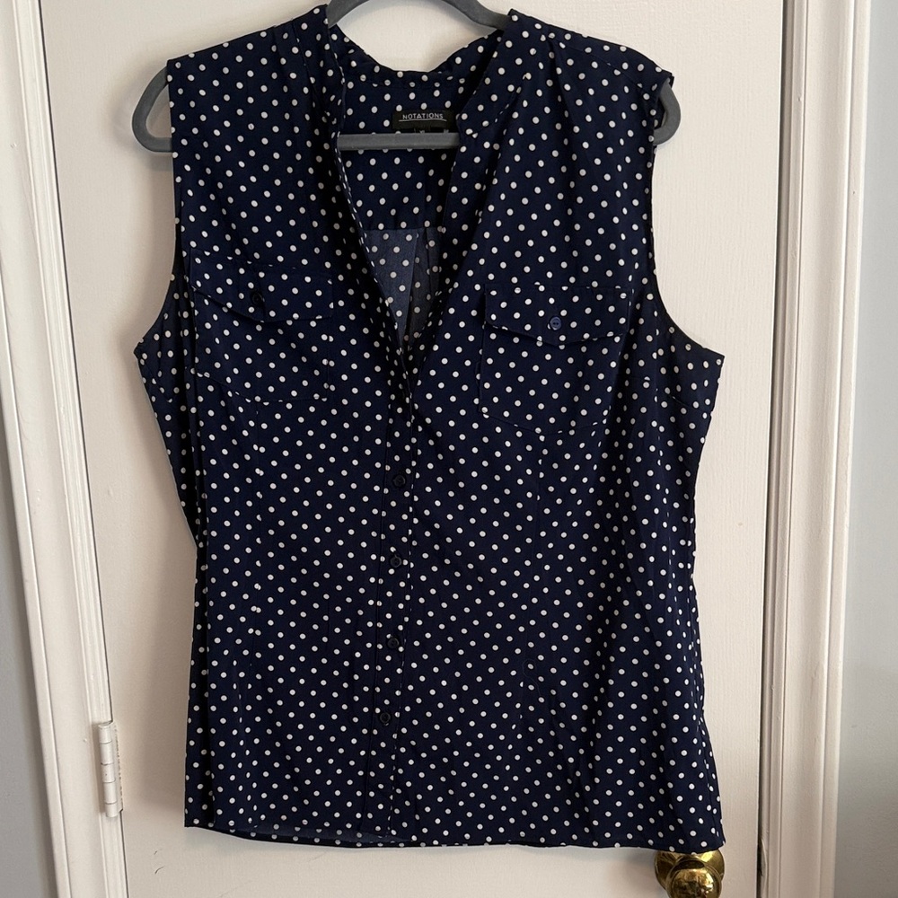 Notations Navy and White Polka Dot Sleeveless Blouse